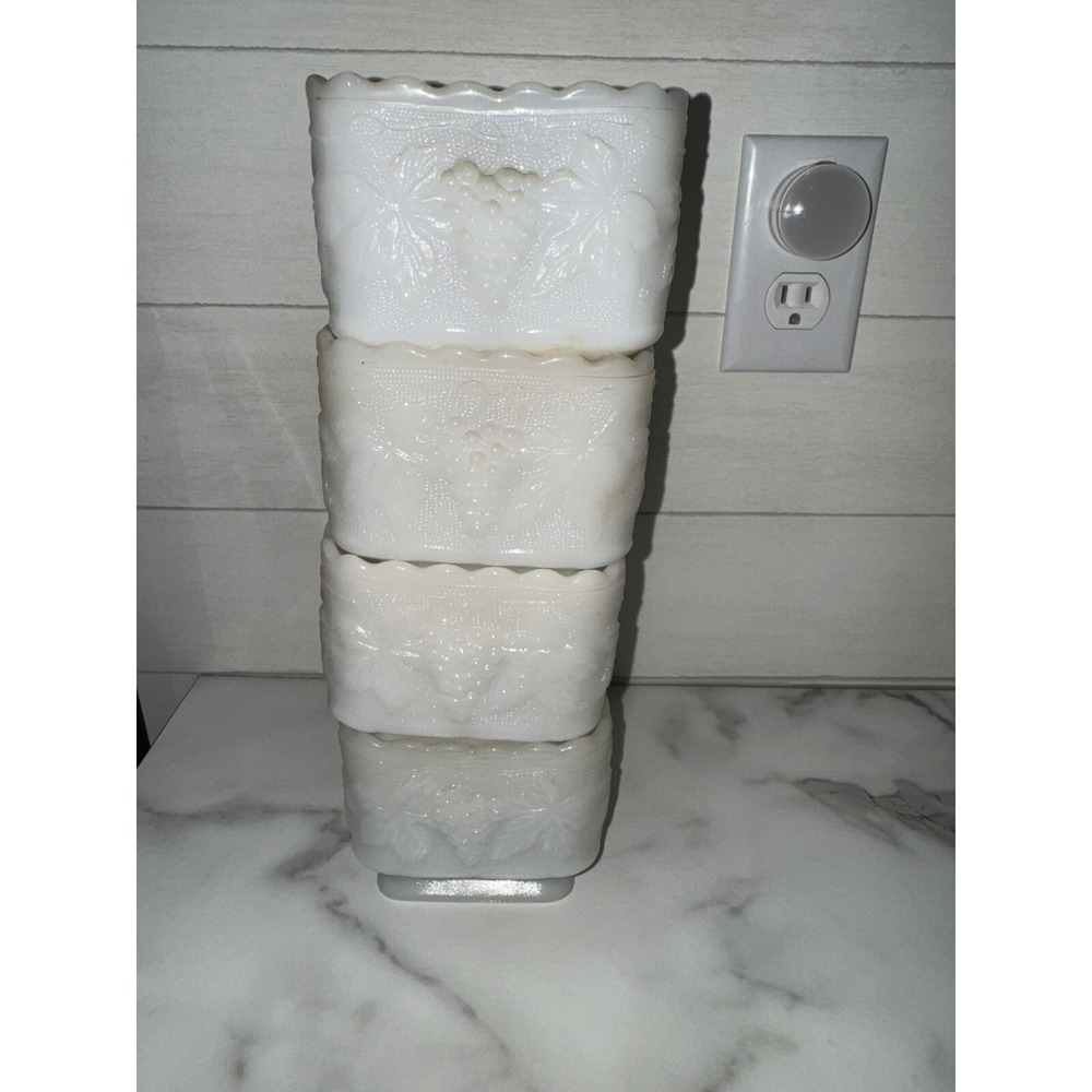 Vintage Anchor Hocking Square White Milk Glass Harvest Grape Footed Planter (4)